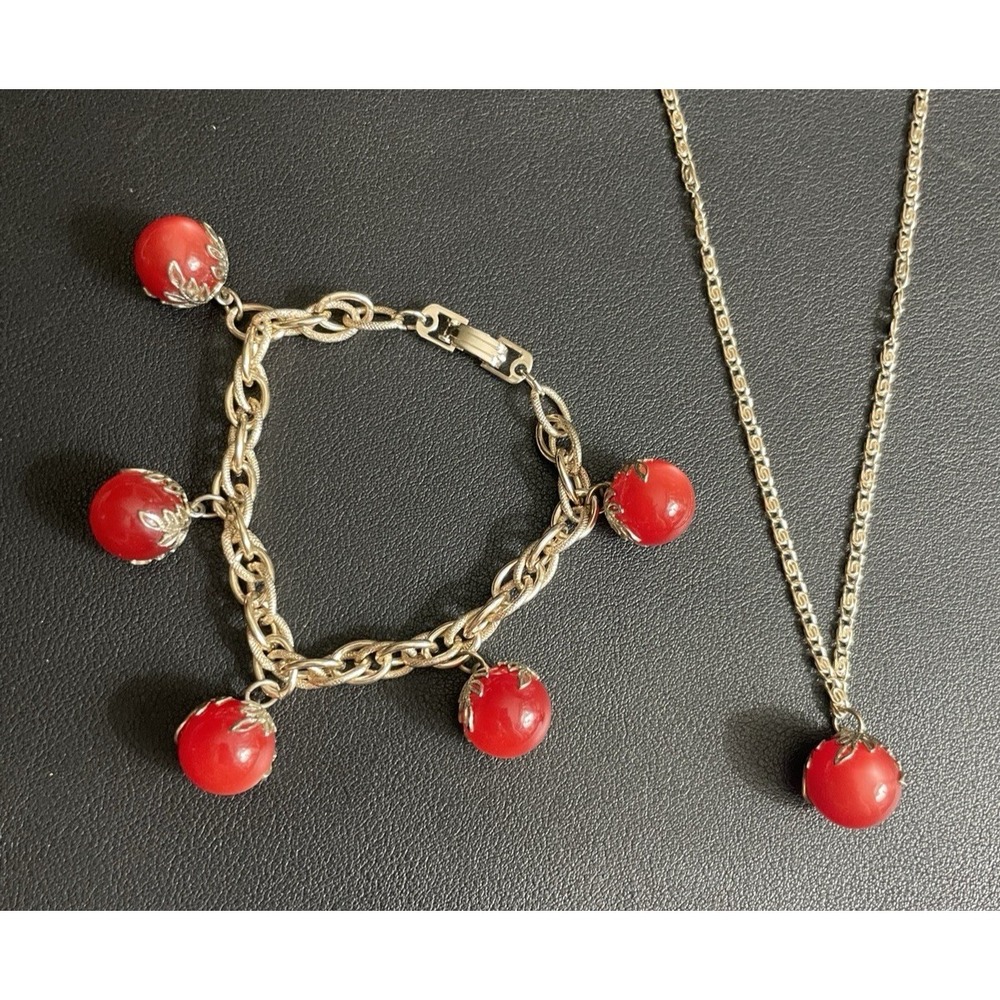 Vintage GERMANY Lucite Bracelet Necklace Set Red Bead Gold Tone Jewelry